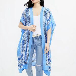 NWT LOFT Trellis Duster Wrap Boho Floral Flowy Open Front Kimono Blue XS/S
